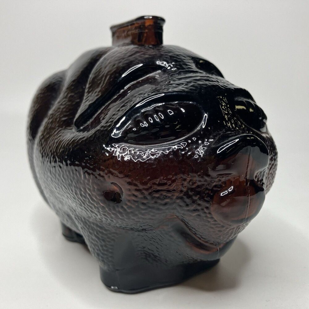 Vtg Dark Amber Art Glass Smiling Piggy Bank 7x5"